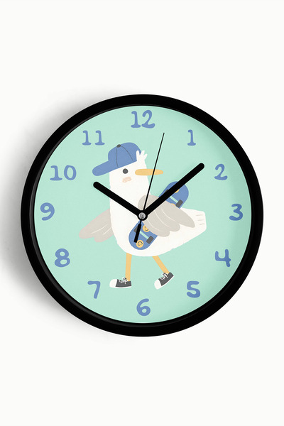 JHAAR Ceas de perete pentru camera copiilor cu pescăruș drăguț care face skat...