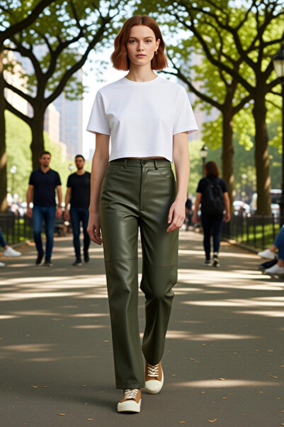 PayBuy Women's Khaki Faux Leather High Waist Straight Cut Trousers Functional Durable Quality Comfortable