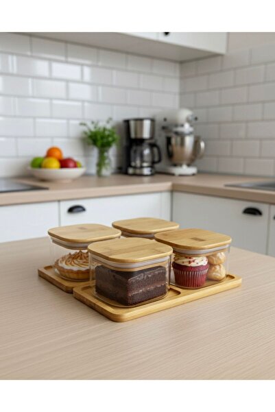 Buğra Home 4-Piece Glass Storage Container with Bamboo Lid and Stand - 400ml