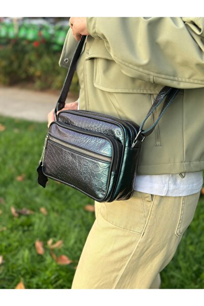 Deribag Genuine Leather, Medium Size, Crossbody Strap, Women's Shoulder Bag, Printed Green, 23*17*8 cm