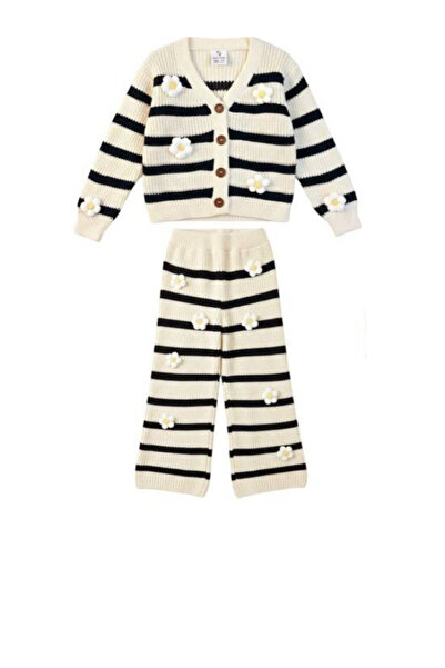 Butik Girl's Black and White Floral Detailed Knitwear Bottom and Top Set