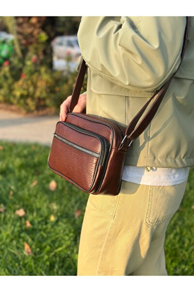 Deribag Genuine Leather, Medium Size, Crossbody Strap, Women's Shoulder Bag, Brown, 23*17*8 cm