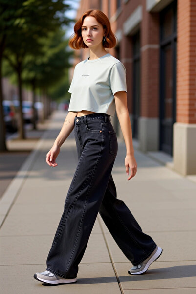 PayBuy Γυναικείο τζιν παντελόνι με φαρδύ πόδι με λεπτομέρεια ραφής Λειτουργικ...