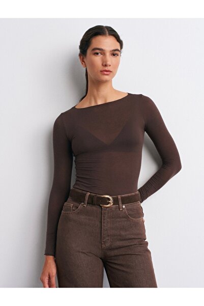 Karol Atabey Giyim Tekstil Μπλούζα με λαιμόκοψη καγιάκ Modal Cashmere Ultra Light Bitter Brown