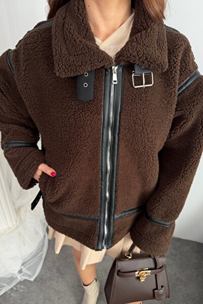 moda armanc Γυναικείο δερμάτινο παλτό με λεπτομέρειες oversized - Premium Design Biker Teddy Coat Jacket