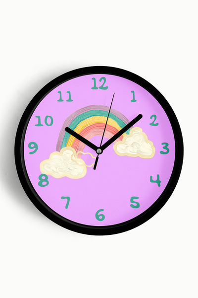 JHAAR ساعة حائط لغرفة الأطفال بتصميم قوس قزح - 30 سم - هيكل أسود مع زجاج أمام...