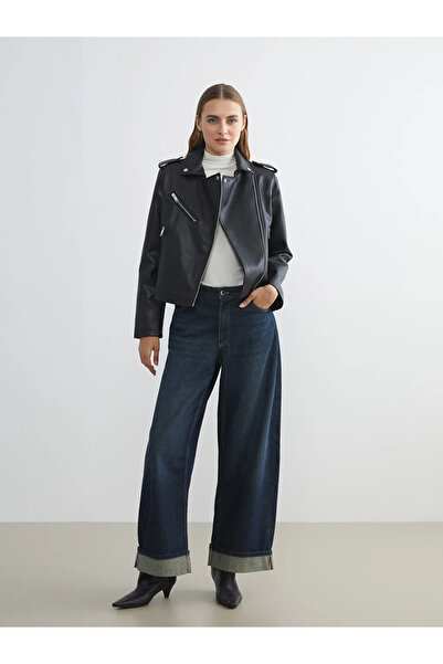 LC Waikiki Lcw eco black biker collar women's Leather-Look jacket