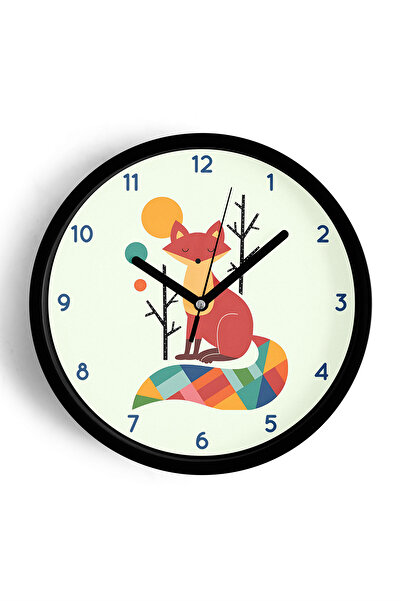 JHAAR ساعة حائط حديثة لغرفة الأطفال بتصميم ثعلب لطيف - 30 سم - هيكل أسود مع ز...