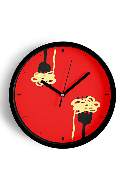 JHAAR Spagetti Makarna Tasarım Mutfak Duvar Saati - 30cm - Önü Camlı Siyah Ka...