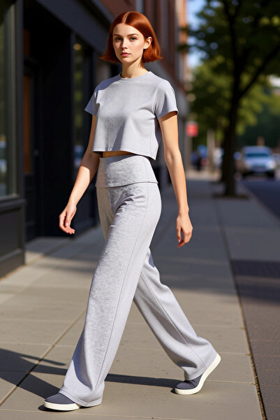 PayBuy Women's Melange Wide Leg Pants with Folded Waist Functional Durable Quality Comfortable Stylish