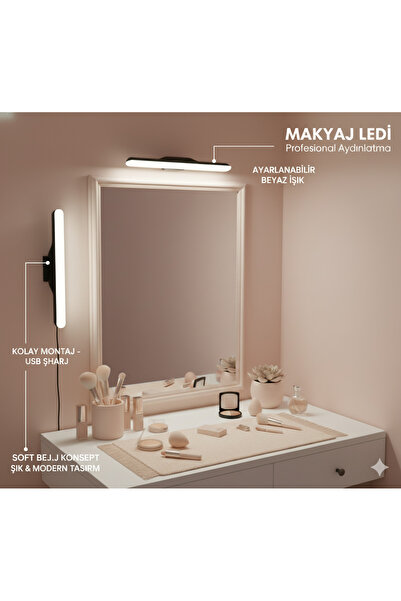 ŞIK MODA Makyaj Masası, Çalışma Masası Veya Dolap Altı İçin Şarjlı Kablosuz Mıknatıslı Led Işık 3 Farklı Renk