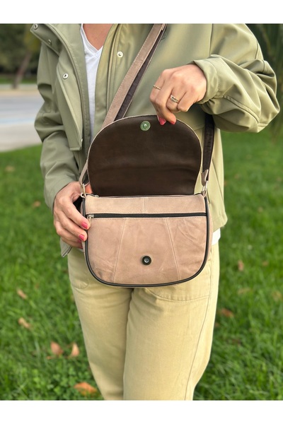 Deribag Genuine Leather, Crossbody Strap, Casual Bag, Women's Shoulder Bag, Ecru Color, Suede Leather 21*20*7 cm