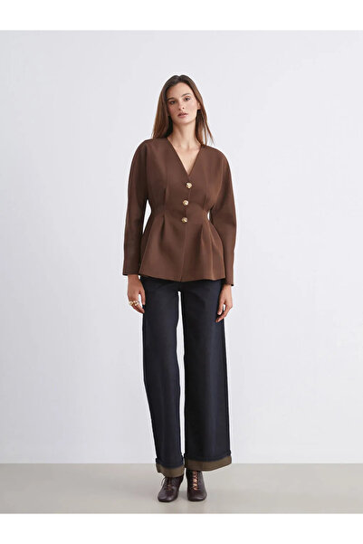 LC Waikiki Soulife Brown V-Neck Peplum Women's Jacket