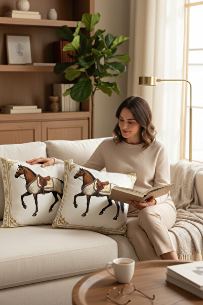 FARCY 2-Piece Combination Set Horse Patterned Filled Decorative Pillow Cotton Throw Pillow Cushion Set (Filled Inside - 2 Pieces)