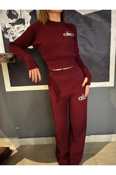 Sublime Butik Tricotaj, set din două piese, brodat, cu pantaloni și bluză bor...