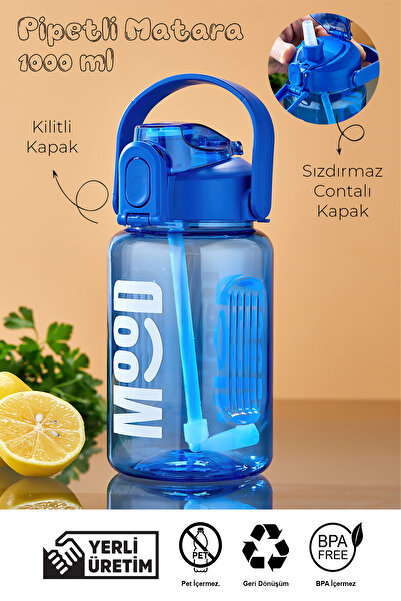 espashome Sports Water Bottle - 1000 ml with Straw, Lockable Lid, Water Leakproof Design - Blue