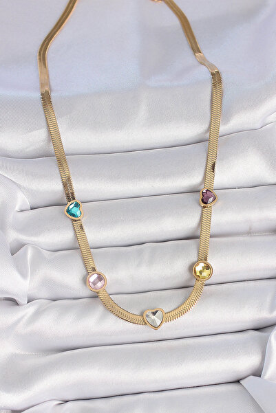 Acousticworld 316L Steel Gold Color Italian Chain Colorful Zircon Stone Heart Figure Women's Necklace