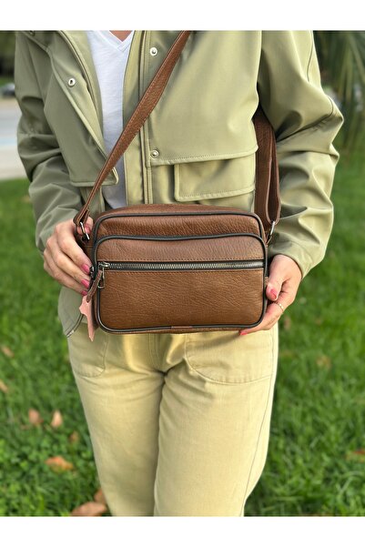 Deribag Genuine Leather, Medium Size, Crossbody Strap, Women's Shoulder Bag, Tan, 23*17*8 cm