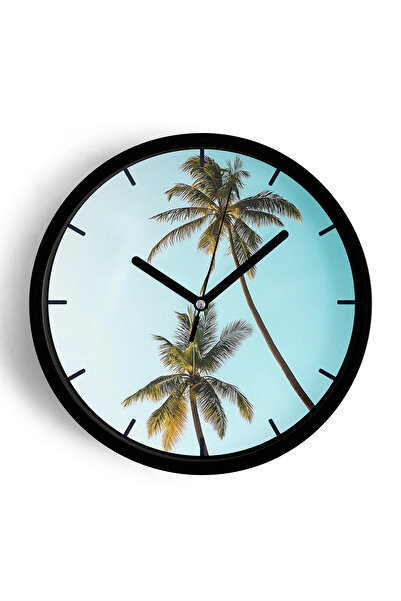 JHAAR Ceas de perete modern Palm Tree - 25cm - Carcasă neagră cu sticlă front...