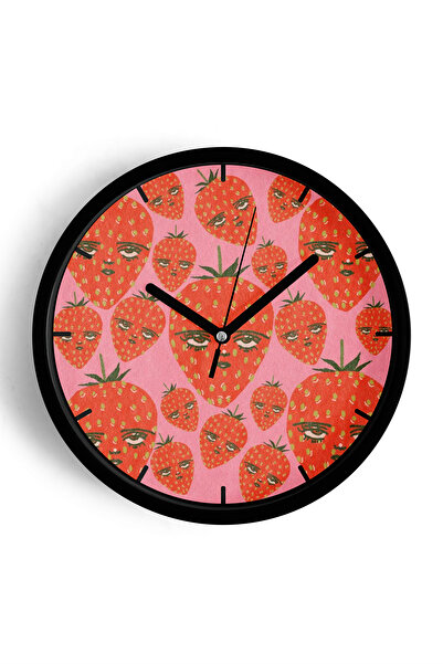 JHAAR ساعة حائط بتصميم عصري على شكل فاكهة الفراولة - 30 سم - هيكل أسود مع واج...