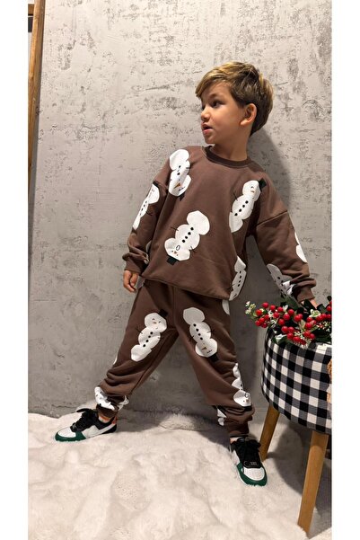 Magu Boy's Cotton Brown Snowman Patterned Sweatshirt & Sweatpants Set