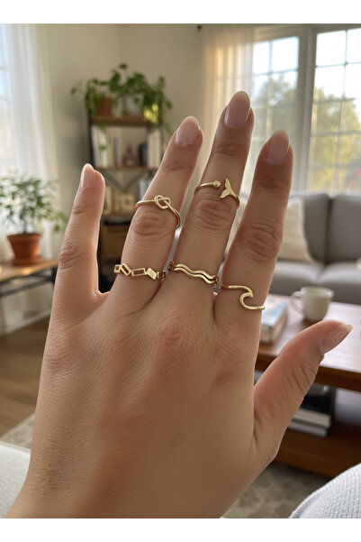 JEWELRY Ayarlanabilir Çelik 5'li Minimal Eklem Yüzüğü Seti – Gold Renk / Nova Stack Rings Collection