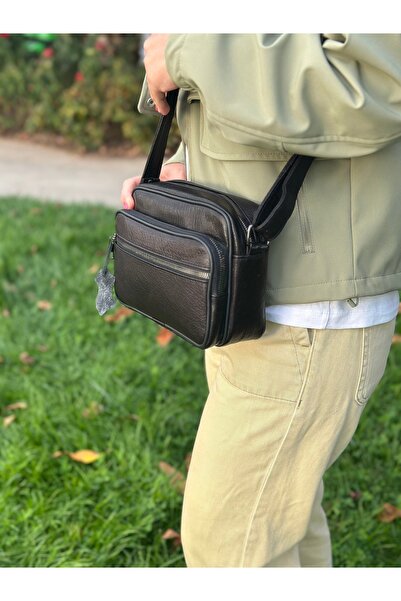 Deribag Genuine Leather, Medium Size, Crossbody Strap, Women's Shoulder Bag, Black, 23*17*8 cm