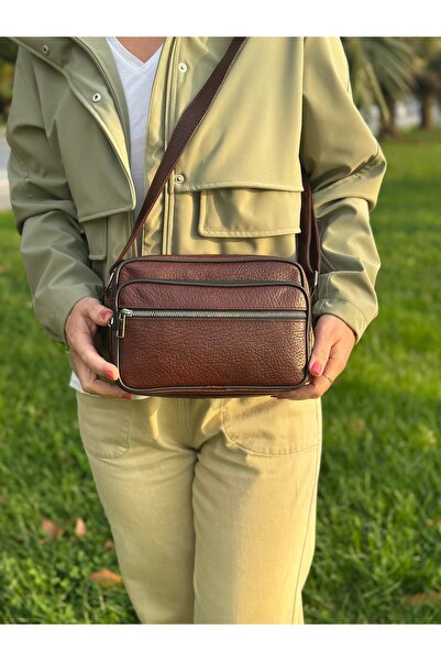 Deribag Genuine Leather, Medium Size, Crossbody Strap, Women's Shoulder Bag, Brown, 23*17*8 cm