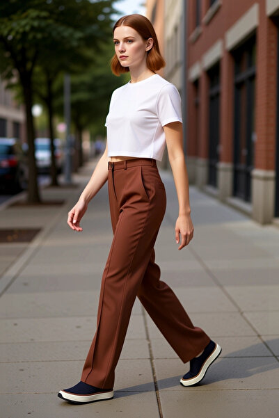 PayBuy Women's High Waist Straight Cut Ribbed Detailed Woven Trousers Functional Durable Quality Stylish