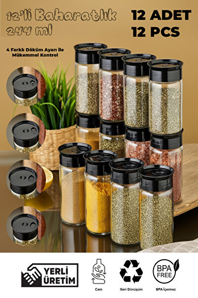 Mefa Mutfak 12-Piece Glass Spice Jar Set - Black