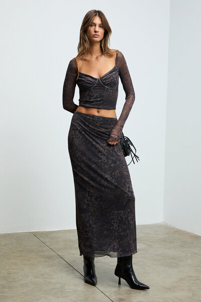 GRIMELANGE Beulah Women's Maxi Size Slim Fit Elastic Waist Tulle Tie-Dye Patterned Black-Leopard Patterned Skirt