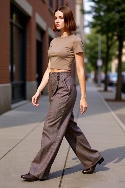 PayBuy Kadın Kırçıllı Dokuma Wide Leg Pantolon Fonksiyonel Dayanıklı Kaliteli Konforlu Estetik Şık