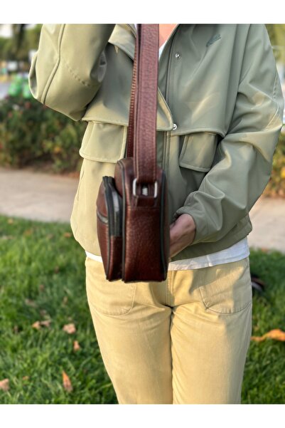 Deribag Genuine Leather, Medium Size, Crossbody Strap, Women's Shoulder Bag, Brown, 23*17*8 cm