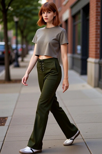 PayBuy Women's Khaki Gabardine Lace-Up Flare Pants Functional Durable Quality Comfortable Modern