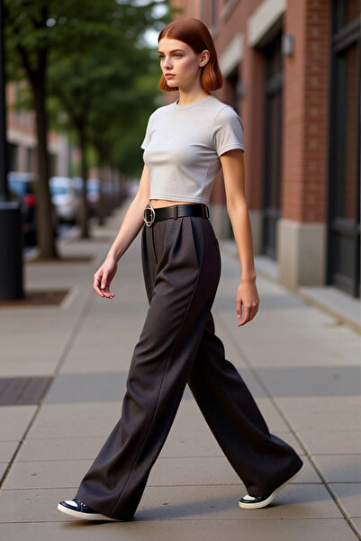 PayBuy Pantaloni pentru femei Dark croi larg pe picior cu detaliu de centură țesătură cașmir Funcțional Durabil Calitate Confortabil