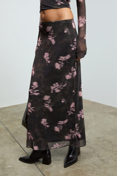 GRIMELANGE Beulah women's maxi skirt Slim Fit elastic waist tulle batik patterned brown-floral patterned skirt