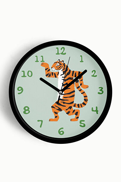JHAAR ساعة حائط لغرفة الأطفال على شكل نمر لطيف - 25 سم - هيكل أسود مع زجاج أم...