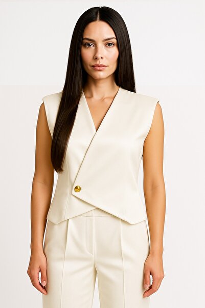 MadyaButik Satin Gold Button Detailed Women's White Vest