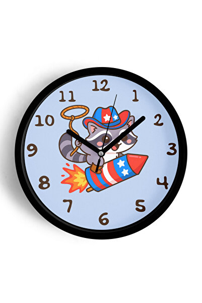 JHAAR ساعة حائط لغرفة الأطفال على شكل راكوبوي راكون - 35 سم - هيكل أسود مع زج...