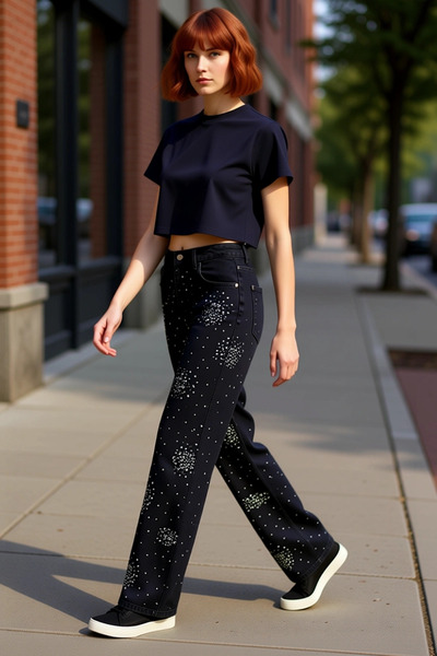 PayBuy Pantaloni de damă din denim cu picioare largi, cu pietre, funcționali,...