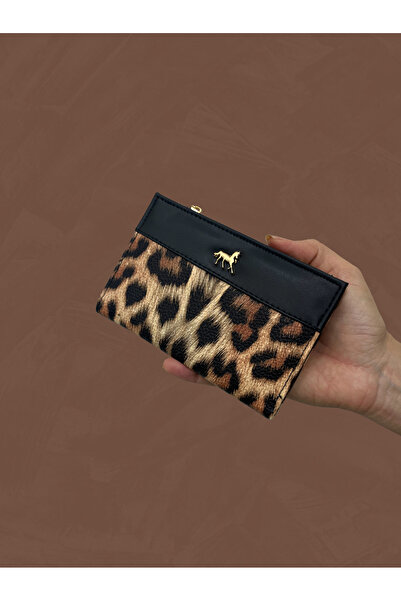 shiny ever Black Cream Leopard Patterned Leather Women's Wallet with Gold Detail