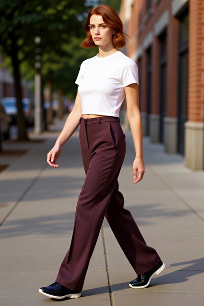 PayBuy Pantaloni pentru femei Plum Plain croială talie înaltă Pantaloni cu de...