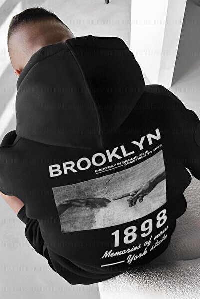 Elvino Men's Black 1898 Printed Hooded Oversized 3 Thread Fleece-Lined Casual Loose Fit Hoodie Sweatshirt