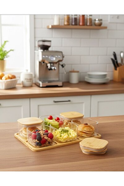 Buğra Home 6-Piece Glass Storage Container with Bamboo Lid and Stand - 400ml