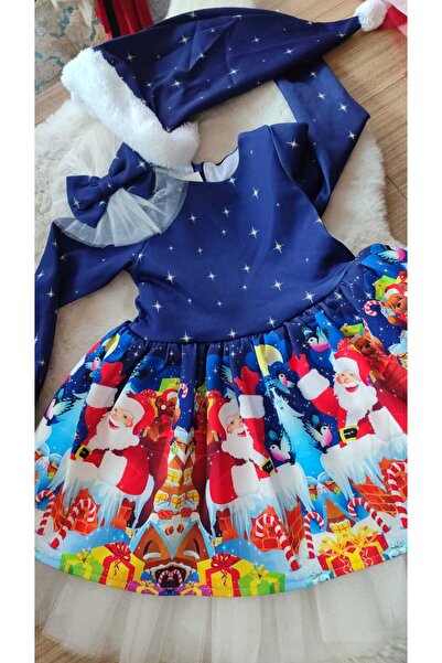 Bisahane Kız Çocuk Lacivert Yılbaşı Elbisesi Toka Şapka Dahil 3 Parça Set