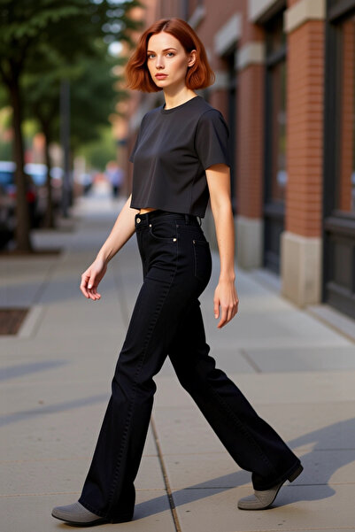 PayBuy Pantaloni de damă din denim închis la culoare talie înaltă Flare Funcț...