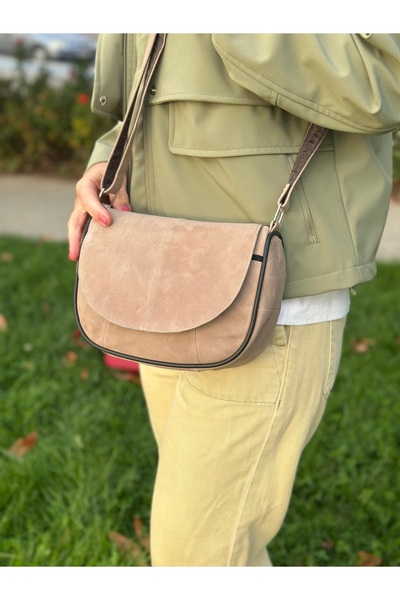 Deribag Genuine Leather, Crossbody Strap, Casual Bag, Women's Shoulder Bag, Ecru Color, Suede Leather 21*20*7 cm