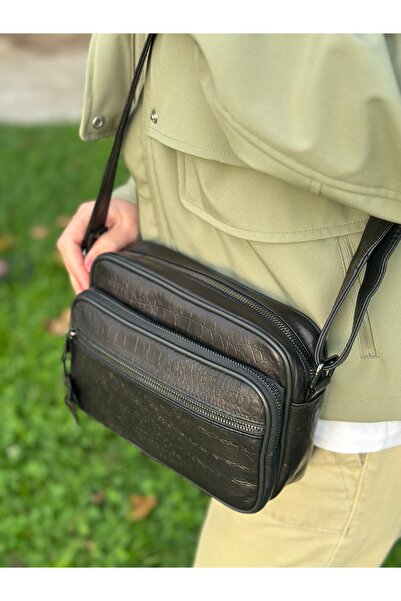 Deribag Genuine Leather, Medium Size, Crossbody Strap, Women's Shoulder Bag, Printed Black, 23*17*8 cm