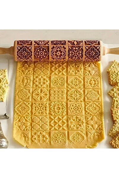 cicish Ahşap Kabartmalı Rulo Merdane 35Cm. Mutfak Aletleri-Kurabiye-kalıp-piş...