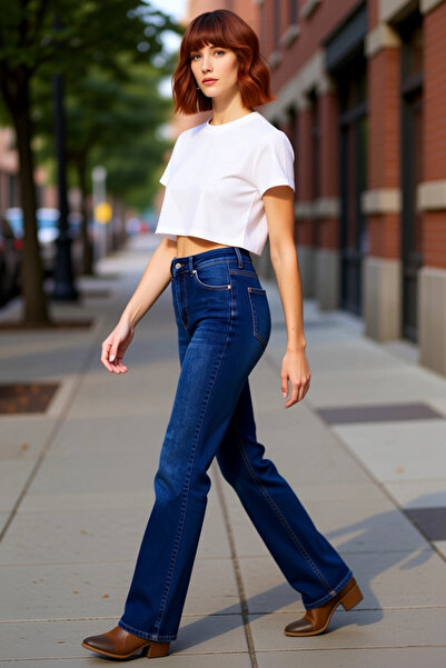 PayBuy Pantaloni de damă din denim închis la culoare talie înaltă Flare Funcț...